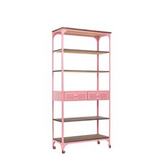 a pink metal shelf with three shelves on each side and two drawers at the bottom