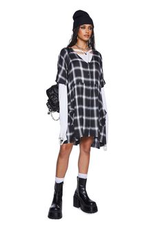 has you breakin' the glass ceiling! This babydoll dress has a non-stretch woven construction, a bleached plaid print all over, a scoop neckline, elbow-length sleeves, front button closures, and an oversized fit. Dollskill Outfits, Mini Babydoll Dress, Current Mood Clothing, Free Socks, Glass Ceiling, Current Mood, Elbow Length Sleeve, Plaid Dress, Plaid Print