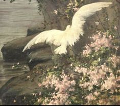 a painting of a white bird sitting on top of a rock next to some flowers