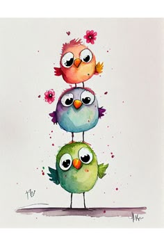 three birds sitting on top of each other in the middle of watercolors and ink