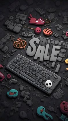 a computer keyboard with the word sale spelled out in it's center surrounded by other items