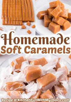 homemade soft caramels on a plate with text overlay