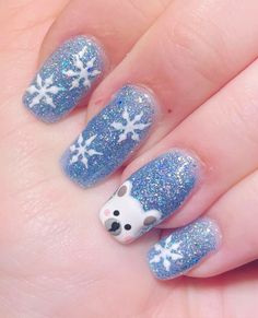 Winter Polar Bear Nails, Simply Nailogical Nail Art, Winter Animal Nail Art, Polar Bear Christmas Nails, Winter Nails Polar Bear, Christmas Nails Polar Bear, Polar Bear Nail Designs, Polar Bear Nails Christmas, Blue Short Christmas Nails