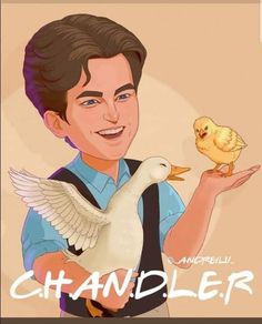 a drawing of a man holding a duck in his hand with the words chandler on it