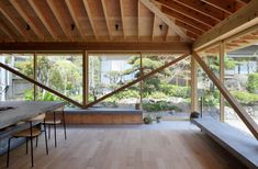 the inside of a house with wood flooring and large windows on each side of the room