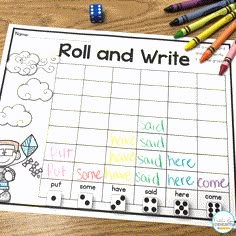 a roll and write game with crayons on the table