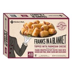 a box of franks in a blanket on a white background with an image of a man holding a platter of food