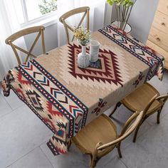 a table with two chairs and a rug on it