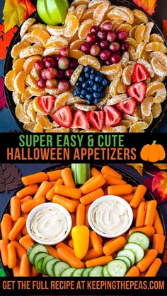 two plates with different types of food on them and the words super easy & cute halloween appetizers