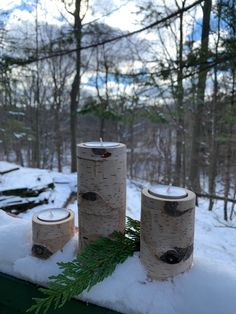 three candles sitting on top of snow covered logs