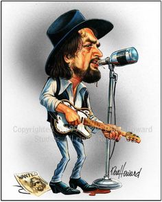 a caricature of a man singing into a microphone and holding a guitar in his right hand