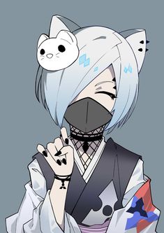 an anime character with white hair and blue eyes wearing a black mask, holding his hand up to his face