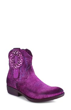 A wreath of twinkling rhinestones punctuates the leather pull-tab of a luxe velvet Western boot embellished with tonal embroidery. 1 1/2" heel 5" shaft Textile upper and lining/leather sole Made in Italy Tonal Embroidery, Western Boots Women, Western Boot, Purple Velvet, Leather Pulls, Pull Tab, Western Boots, Boot Shoes Women, Shoe Boots