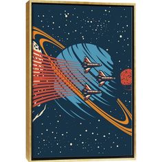 an art print with three airplanes flying through space in front of a red and blue planet