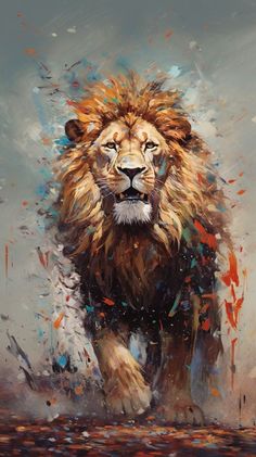 a painting of a lion running through the air