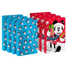 mickey mouse christmas gift bags are shown in three different colors and designs, one is red, the other is blue