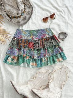 Plus Size Women Casual Vacation Tiered Layers Mini Skirt With Paisley Print, Bohemian Style Mini Skirt Multicolor Boho   Woven Fabric Patchwork,Tribal,All Over Print Layered/Tiered Slight Stretch  Women Plus Clothing, size features are:Bust: ,Length: ,Sleeve Length: Flower Skirts, Spain Fits, Patchwork Mini Skirt, Layered Mini Skirt, Skirt Asymmetrical, Cake Mini, Fabric Patchwork, Texture Fabric, Concert Outfits