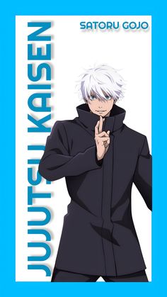 an anime character with white hair and black clothes, standing in front of a blue background