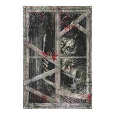 an image of a zombie looking through a window with red paint splattered on it