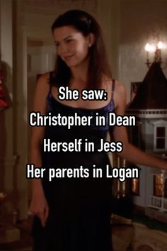 a woman standing in front of a house with the caption, she saw christoperer in dean herself in jesus her parents in logan