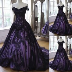 Gothic Black Purple Wedding Dresses Off the Shoulder Lace Appliques Bridal Gowns | eBay Black Purple Wedding, Purple Wedding Dresses, Purple Black Wedding, Dark Purple Wedding, Goth Wedding Dresses, Wedding Dresses Off The Shoulder, Purple Ball Gown, Purple And Black Dress, Black Wedding Gowns