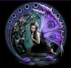 a woman sitting on top of a body of water in front of a purple butterfly