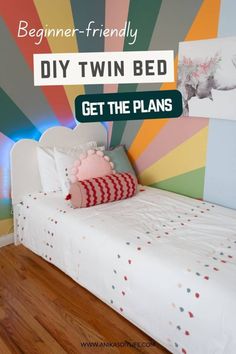 a twin bed with the text beginner - friendly diy twin bed get the plans