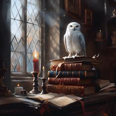 an owl sitting on top of a stack of books next to a candle and some books