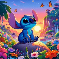 the cartoon character stitchy is sitting on top of a rock with flowers and butterflies around it