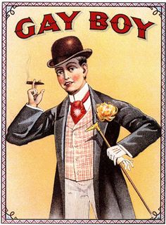 a man in a top hat and tie holding a pipe with the words gay boy on it