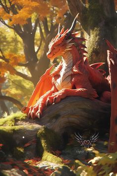 a red dragon sitting on top of a tree stump