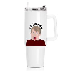 a white travel mug with an image of a person wearing a red shirt and the words ke