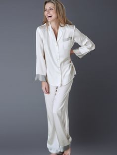 Evening Lounge Silk Pajama - Button-Up Pajama | Julianna Rae Elegant Satin Sets With Long Pants, Elegant Long Loungewear Sets, Elegant Silk Sleep Sets, Elegant Silk Sleepwear Sets, Elegant Loungewear Sets, Elegant Silk Pants For Daywear, Elegant Satin Sleepwear With Long Pants, Elegant Satin Long Pants Sleepwear, Elegant Satin Daywear Set