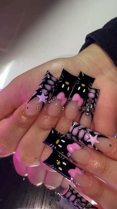 Starfire Nails Designs, Halloween Birthday Nails Acrylic, Y2k Bling Nails, Dark Theme Nails, Nails For Braiders, Juicy Couture Nails, Aesthetic Y2k Nails, Pink Goth Nails Acrylic