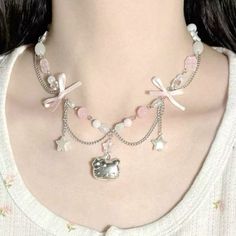 Y2k Kawaii, Pretty Jewelry Necklaces, Pearl Chain Necklace, Kawaii Jewelry, Ribbon Necklace, Girly Accessories, Cat Pendants