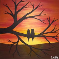 two birds sitting on a tree branch in front of an orange and yellow sunset painted with acrylic paint