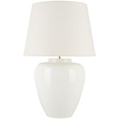 a white table lamp with a white shade on it