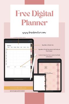 the free digital planner is displayed on an ipad, tablet and computer screen with text overlay