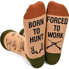 HUNTING SOCKSWild geese, elk, bows and arrows, binoculars and daggers are printed on the brown socks, and BORN TO HUNT, FORCED TO WORK is printed on the soles of the feet. It is the best gift choice for hunting and outdoor sports.SIZE & PACKINGI'd rather be hunting socks. One size fits most: Unisex design fits most men US size 6-13 feet, and most women US size 7 and up. 1 pair comes in each plastic zippered ZMART bag.QUALITY MATERIALHunter socks. We use 80% Combed Cotton, 17% Polyamide, 3% S Duck Hunting Outfit, Hunter Socks, Brown Socks, Silly Socks, Hunting Humor, Work Socks, Holiday Socks, Unique Socks, Weird Gifts