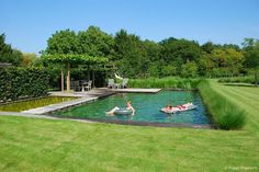 two people floating on inflatable rafts in a pool surrounded by lush green grass