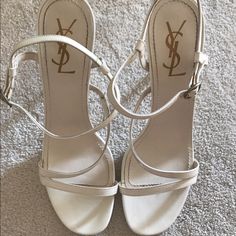 Ysl Rive Gauche Strappy Ivory Heels. Heel Is 4". Only Worn A Few Times. Can Post More Photos If Requested, These Are Authentic. Selling Because Heel Is Too High For Me. These Run Small. They Are Listed As A 40.5 Which Is A 10.5 But I Am Always A 39 (Or Size 9) In Italian Made Shoes. Saint Laurent White Heels, Ysl Heels White, Ivory Heels, Ysl Heels, Yves Saint Laurent Shoes, Prom Heels, White Heels, Lace Up Flat, Cream White