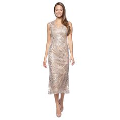 Dress to impress with this women's Marina V-Neck Sequin Lace Midi Cocktail Dress.Click on this WOMEN'S GUIDE to find the perfect fit and more! FEATURES Sheath silhouette V-neck Zipper back Sleeveless Fully lined Flounce hemFIT & SIZING 47-in. length from shoulder to hem Midi length hits below the kneeFABRIC & CARE Shell: polyester, nylon Lining: polyester Hand wash and line dry Imported NA Size: Large. Color: Champagne. Gender: female. Age Group: adult. Color Champagne, Midi Cocktail Dress, Lace Midi, Dress Clothes For Women, Midi Length, Fabric Care, Dress To Impress, Gender Female, Age Group