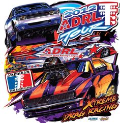 an advertisement for a drag racing event with two cars on the track and one car in the