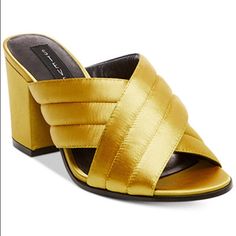 Steven By Steve Madden Zada Gold Mule. Never Been Worn. Satin Gold Expensive Heels, Yellow High Heels, Lined Shoes, Gold Mules, Cross Strap Sandals, Shoes Yellow, Satin Shoes, Yellow Satin, Chunky Heels Sandals