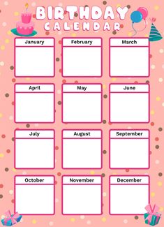 a pink birthday calendar with balloons and presents