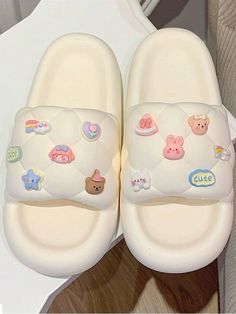 White Fashionable Collar     Embellished   Women Shoes Cute Korean Slippers, Silly Slippers, Sandal Cute, Sandal Aesthetic, Whimsical Shoes, Aesthetic Items, Slippers Cute, Shower Sandals, Shoes Slides