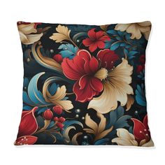 a black and red pillow with flowers on it