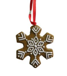 a gingerbread snowflake ornament hanging from a red ribbon on a white background