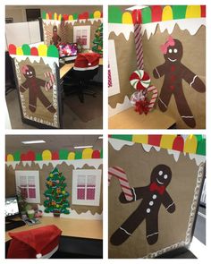 four pictures of office cubicles decorated to look like gingerbread man and christmas tree