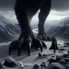 a giant monster standing in the snow next to a person sitting on top of a mountain